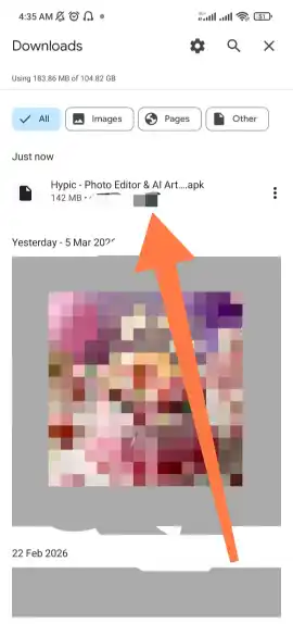 Hypic app installer shown in Android Downloads folder