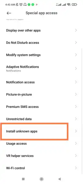 Tap install unknown apps option in Android settings list