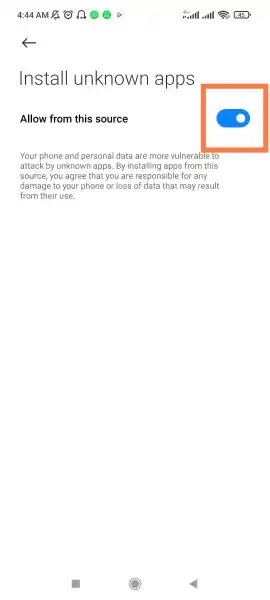 Enable install unknown apps toggle on Android phone